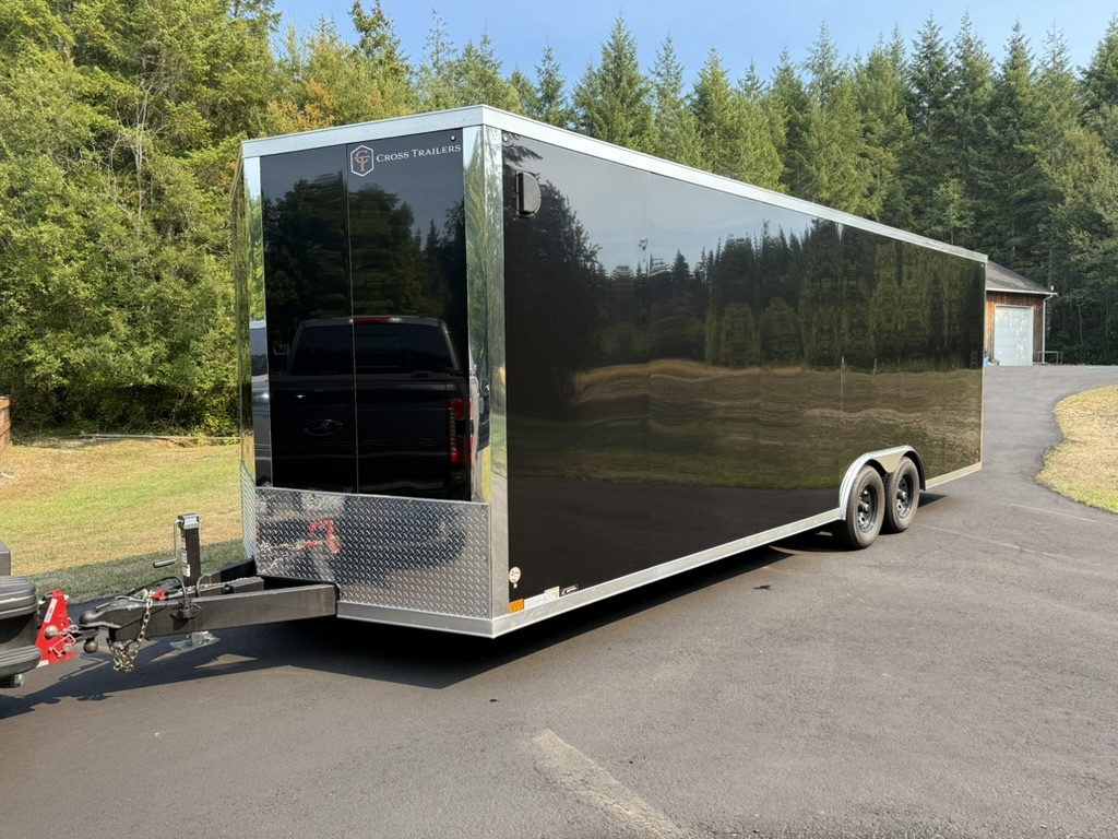 Front three-quarter view of V-nose trailer